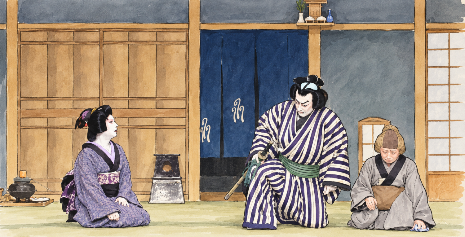 双蝶々曲輪日記、室内で向かい合う三人の登場人物を描いたイラスト