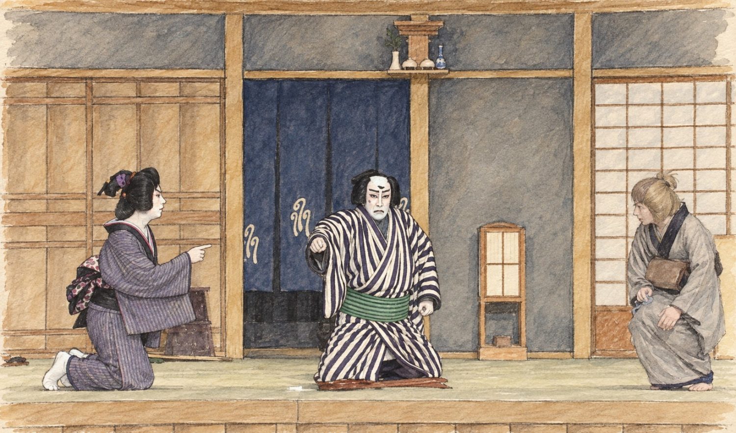 「引窓」の室内で向き合う登場人物たちを描いたイラスト