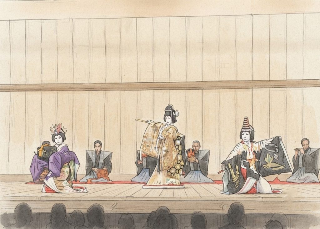 「雛鶴三番叟」の舞台を描いたイラスト、三人の踊り手と囃子方