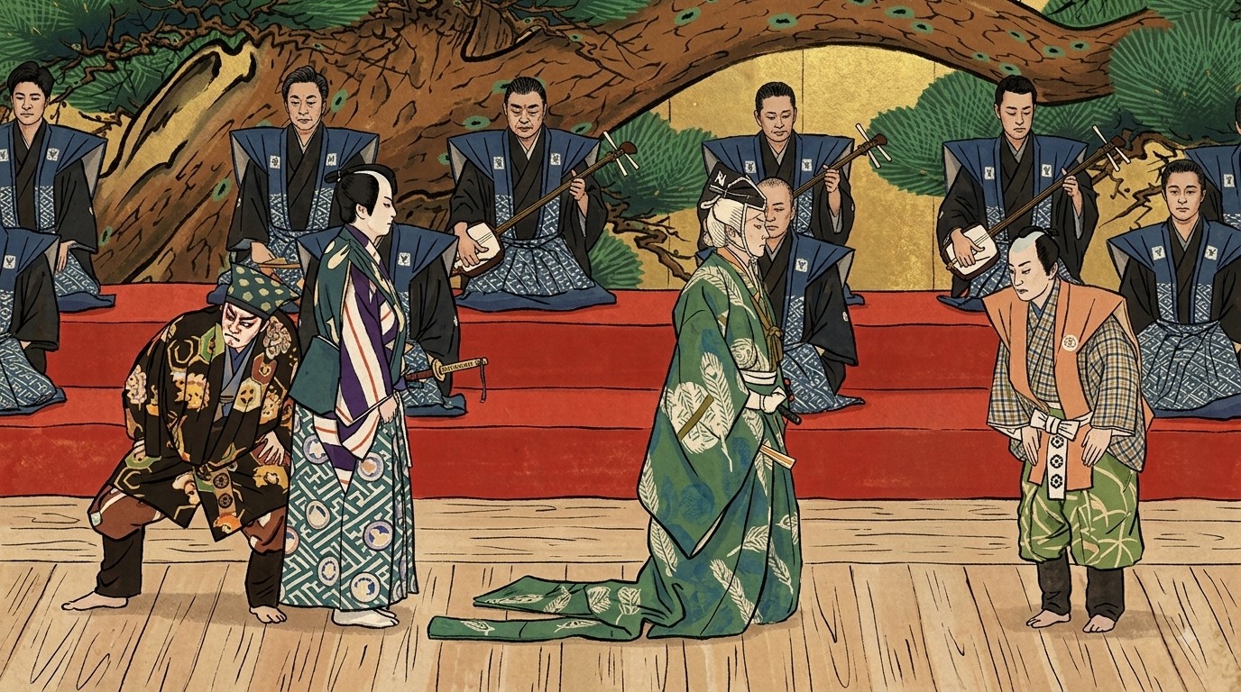 刀を奪い合う「太刀盗人」の舞台を描いたイラスト