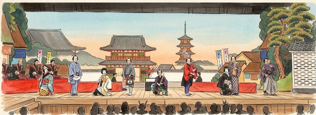 「どんつく」をイメージした、寺社を背景に大勢の登場人物が踊る色鮮やかな歌舞伎舞台のイラスト