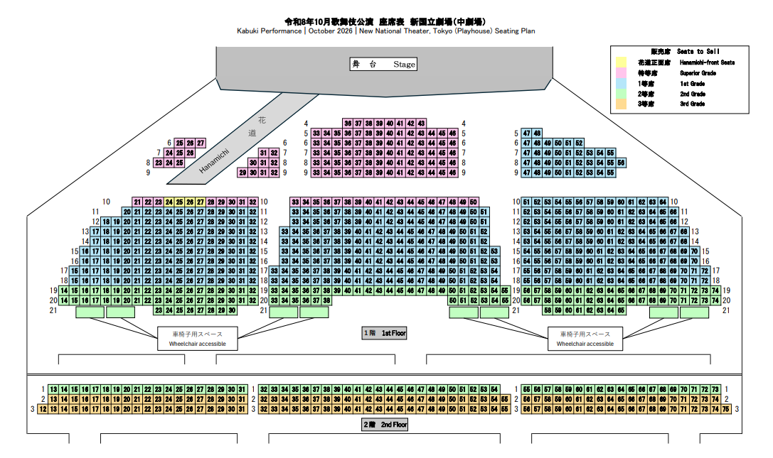 新国立劇場中劇場 令和8年10月歌舞伎公演の座席表。花道正面席・特等席・1等席・2等席・3等席の配置を示す図
