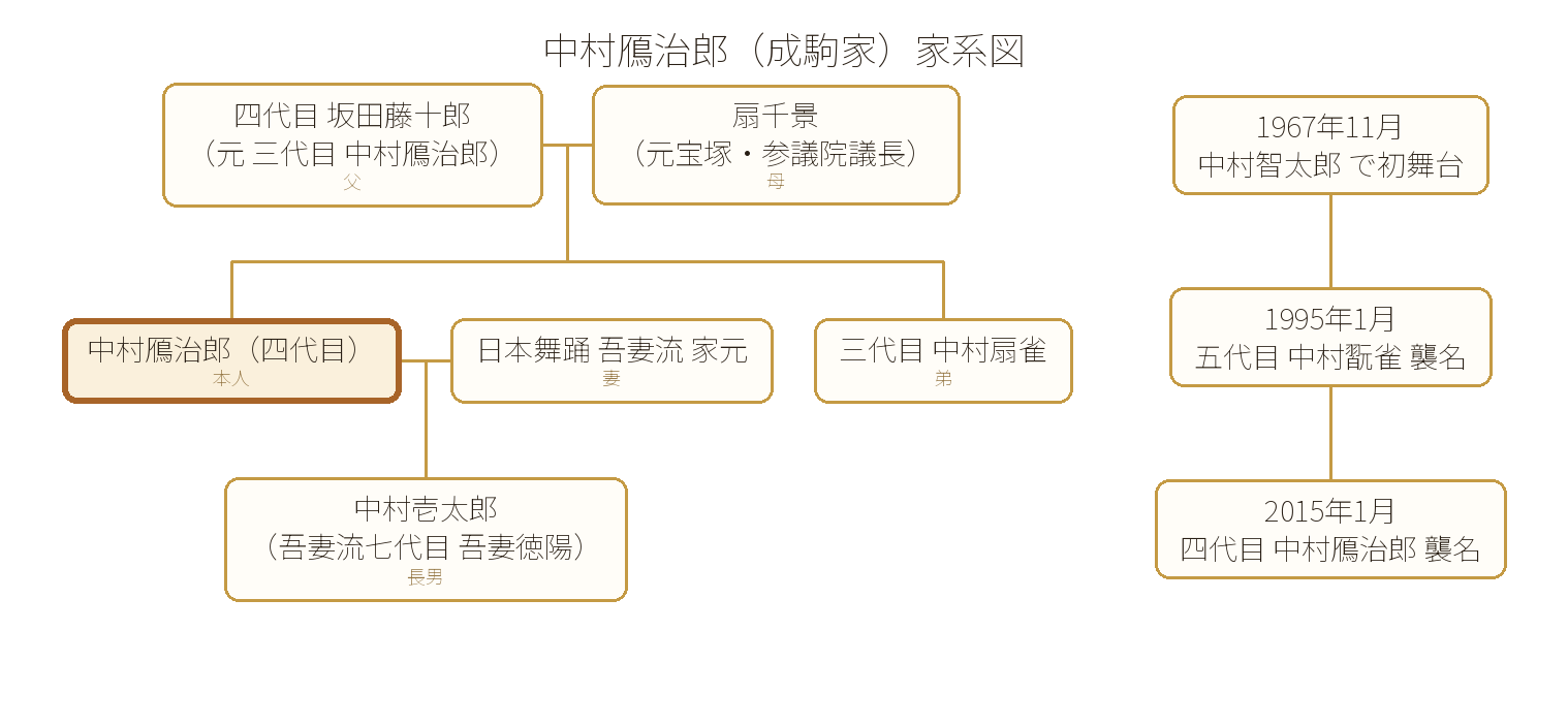 中村鴈治郎（四代目・成駒家）の家系図。父は四代目坂田藤十郎（元三代目中村鴈治郎）、母は元宝塚で参議院議長を務めた扇千景。弟は三代目中村扇雀。妻は日本舞踊吾妻流の家元で、長男の中村壱太郎は歌舞伎とともに吾妻流七代目家元「吾妻徳陽」を継ぐ二刀流。本人の襲名歴は1967年11月に中村智太郎で初舞台、1995年1月に五代目中村翫雀、2015年1月に四代目中村鴈治郎を襲名。